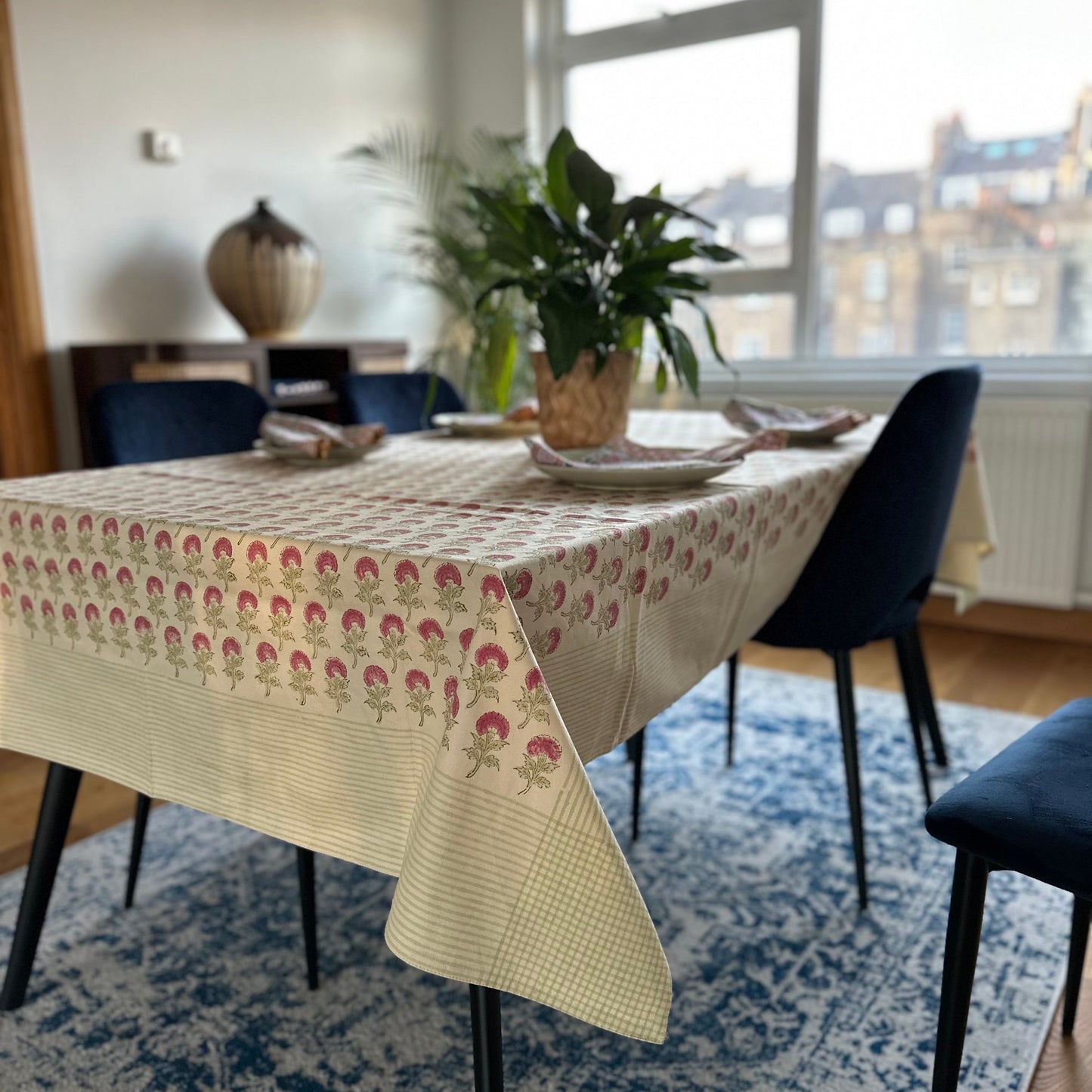 Hand-block-printed marigold tablecloth, Indian textile craft