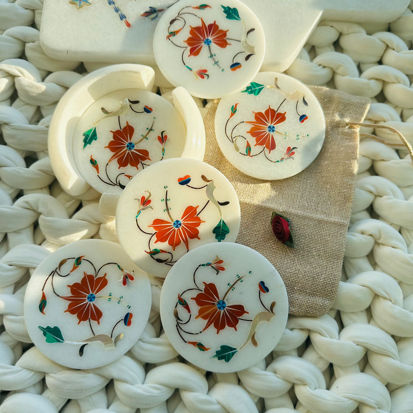 Marble Coasters with Stone Inlay — Set of 2