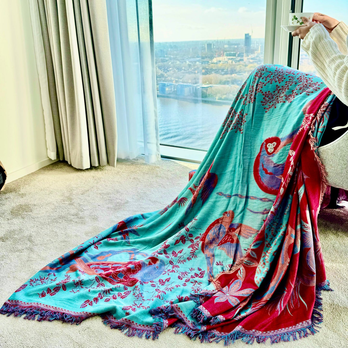 Cashmere Throw - Reversible Red & Blue Jungle Safari