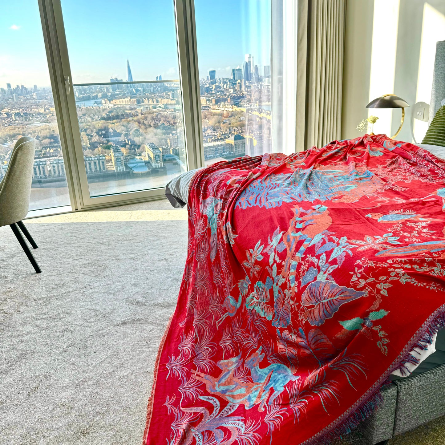 Cashmere Throw - Reversible Red & Blue Jungle Safari
