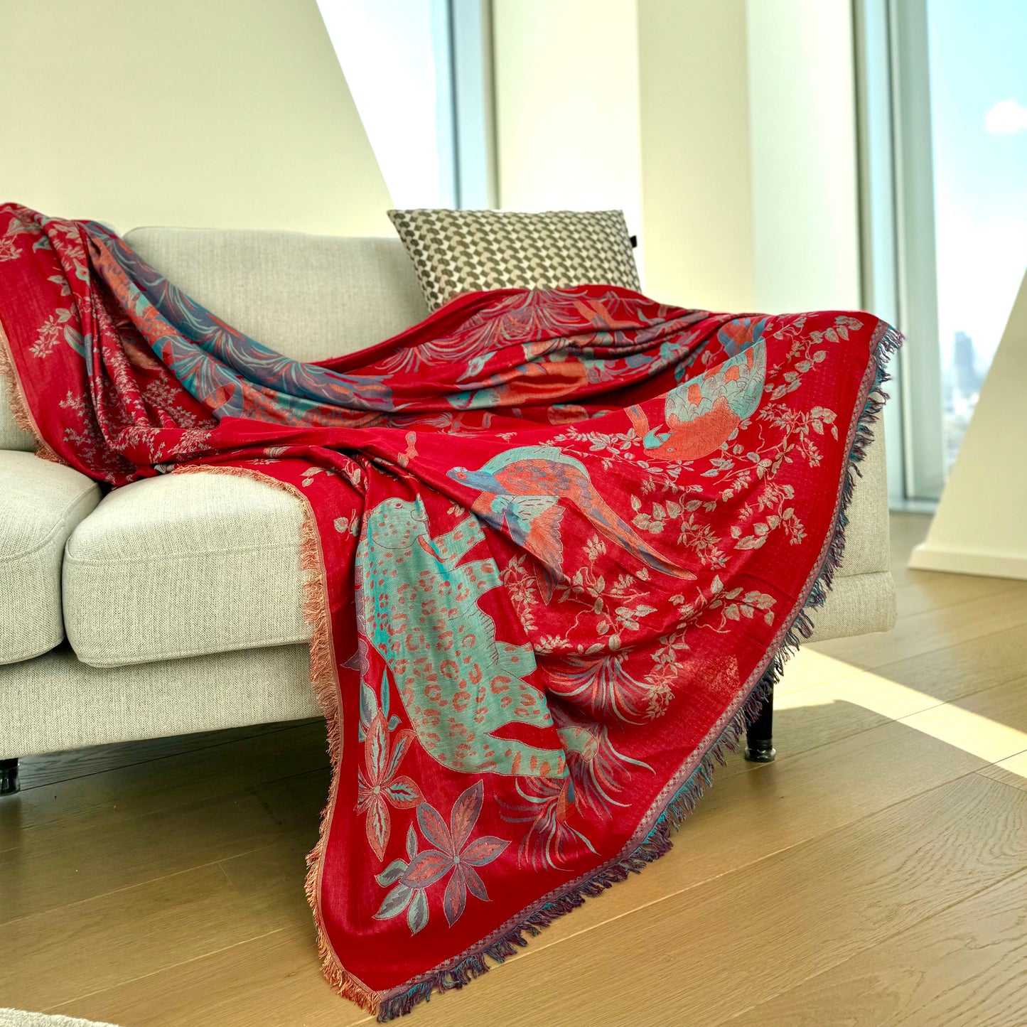 Cashmere Throw - Reversible Red & Blue Jungle Safari