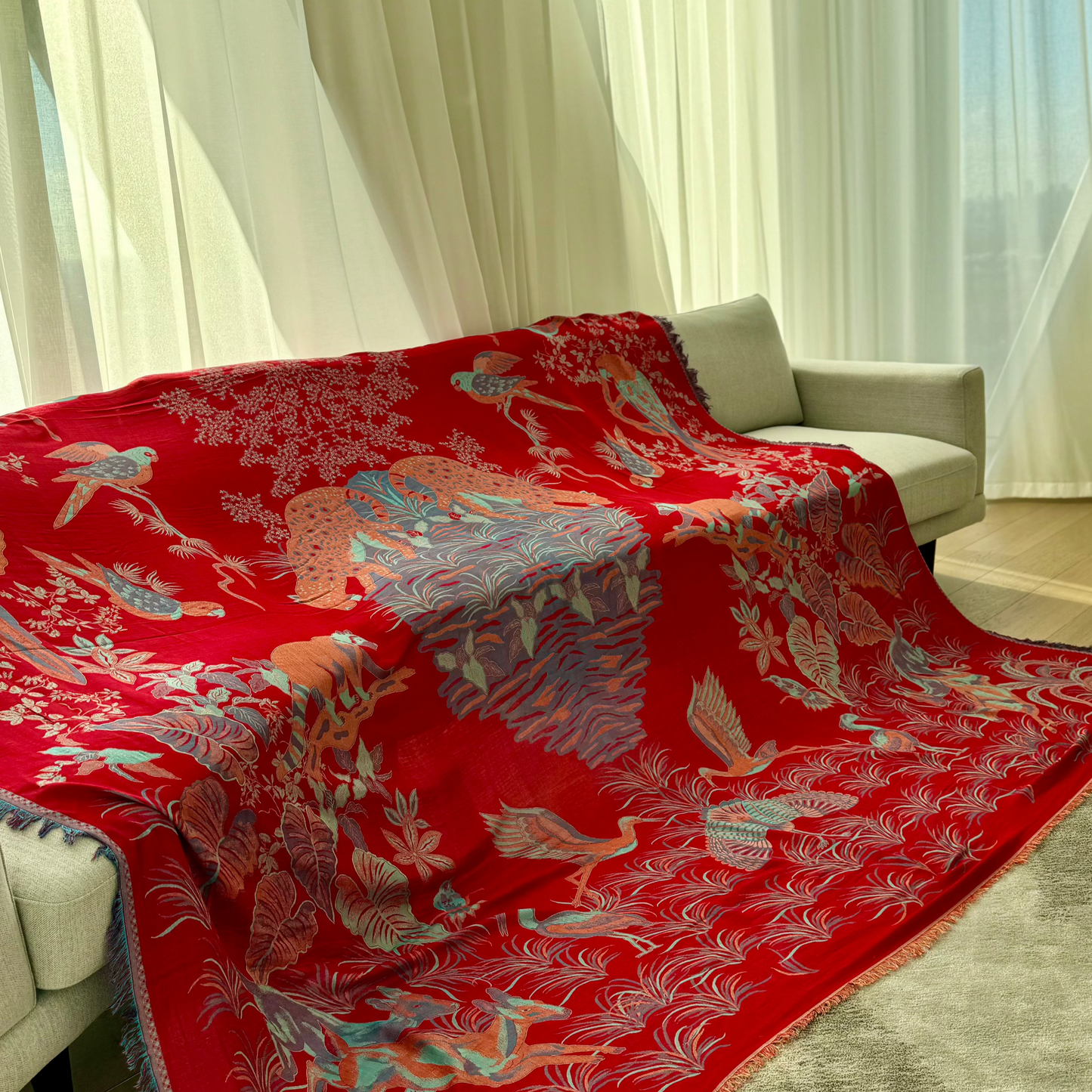 Cashmere Throw - Reversible Red & Blue Jungle Safari