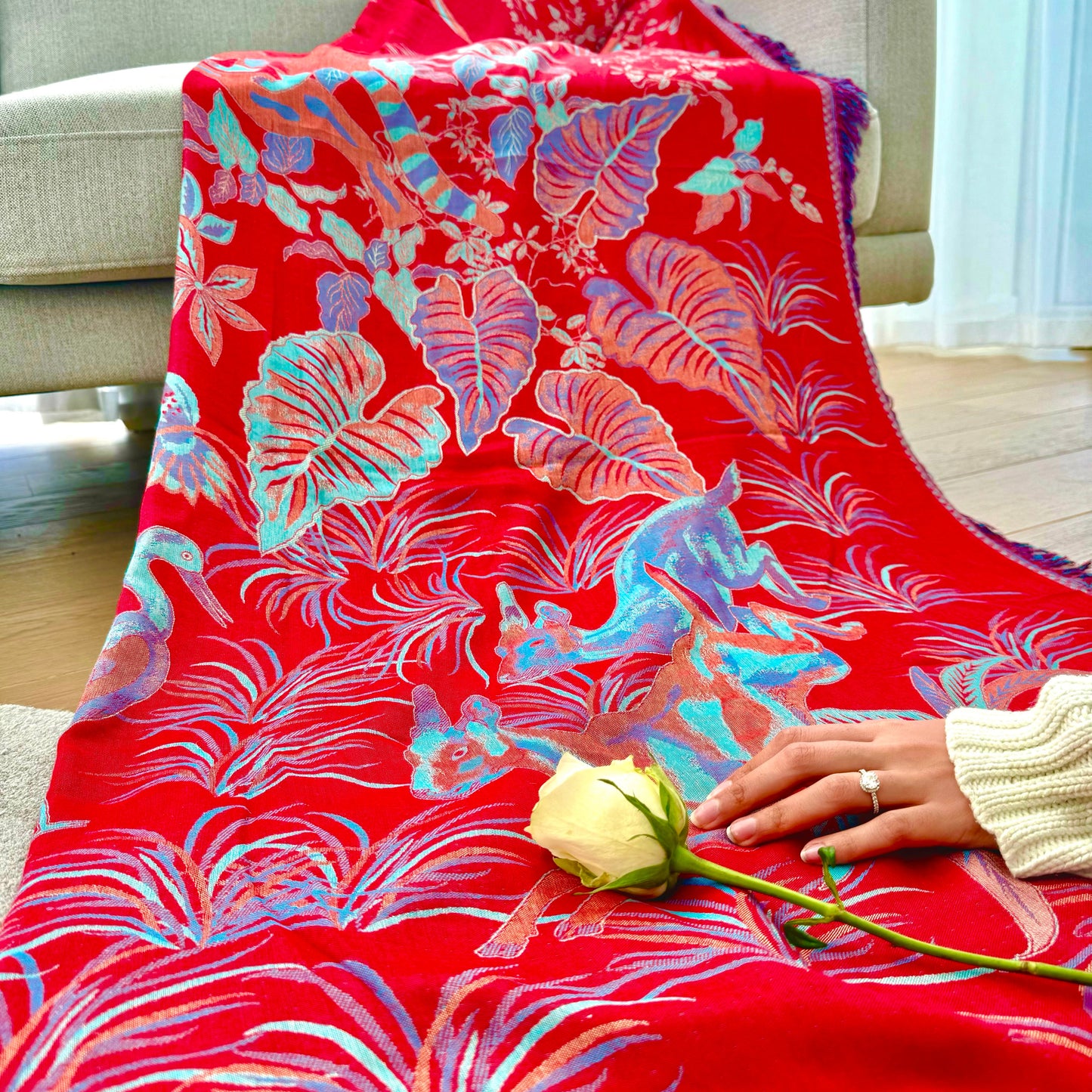 Cashmere Throw - Reversible Red & Blue Jungle Safari