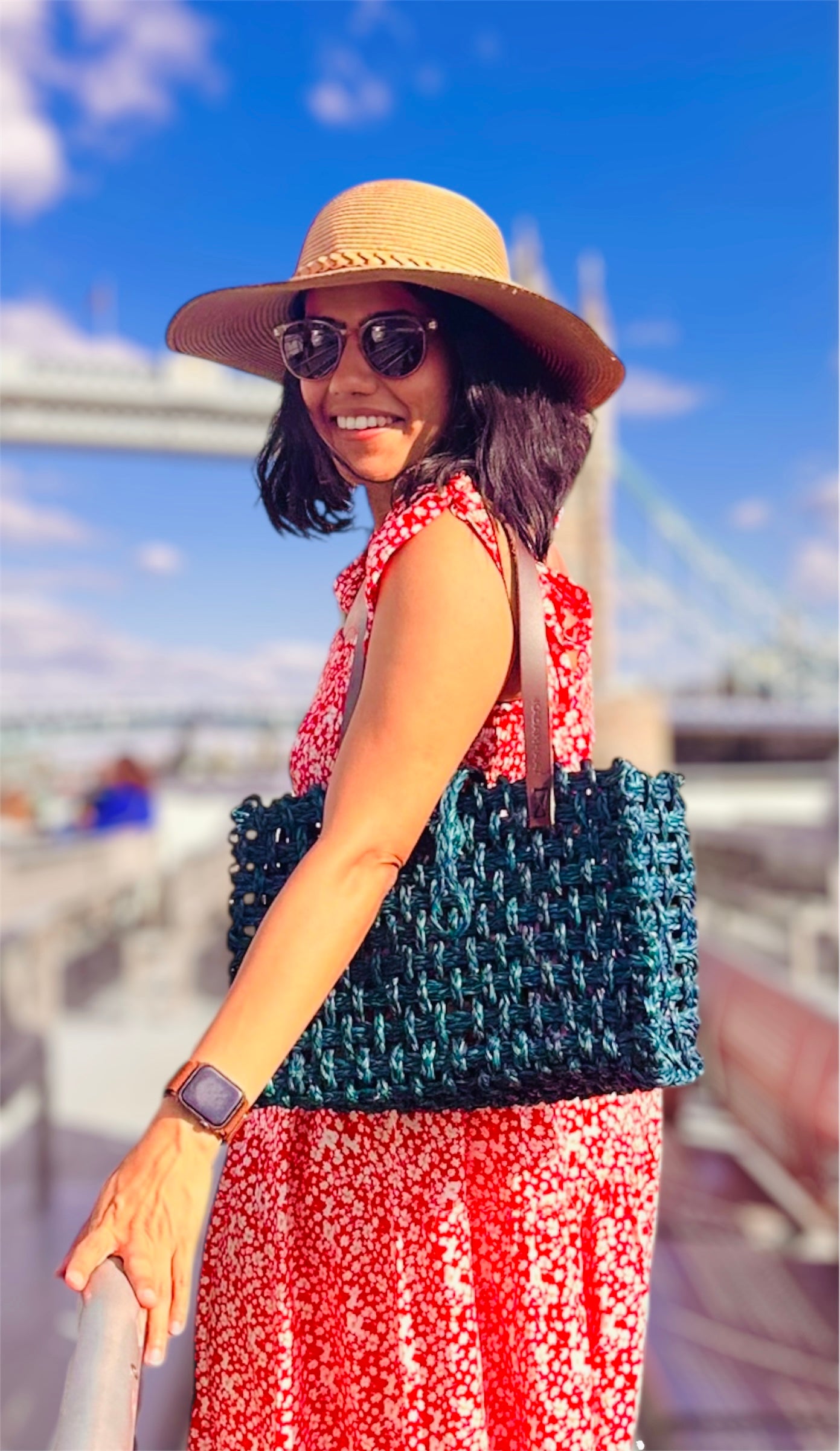 Deep Teal Blue summer tote bag – handcrafted, handwoven ecofriendly mesh shoulder bag by Vaarsa London