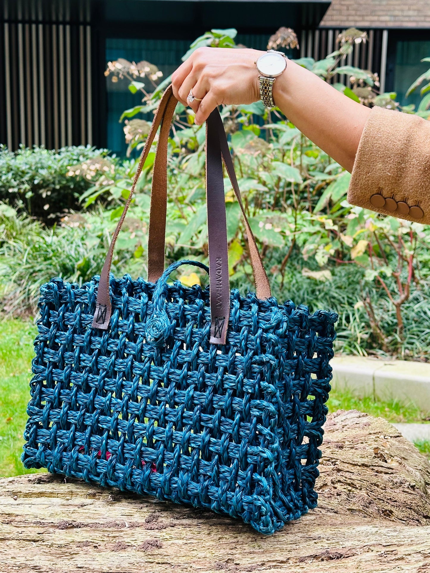 Deep Teal Blue summer tote bag – handcrafted, handwoven ecofriendly mesh shoulder bag by Vaarsa London
