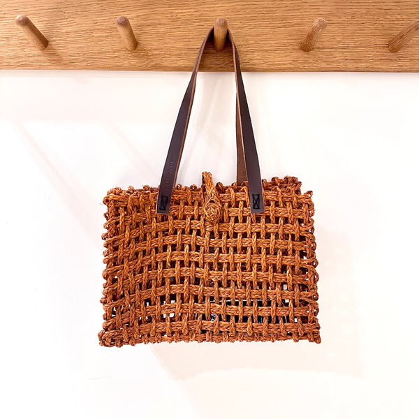 Warm orange summer tote bag – handcrafted, handwoven ecofriendly mesh shoulder bag by Vaarsa London