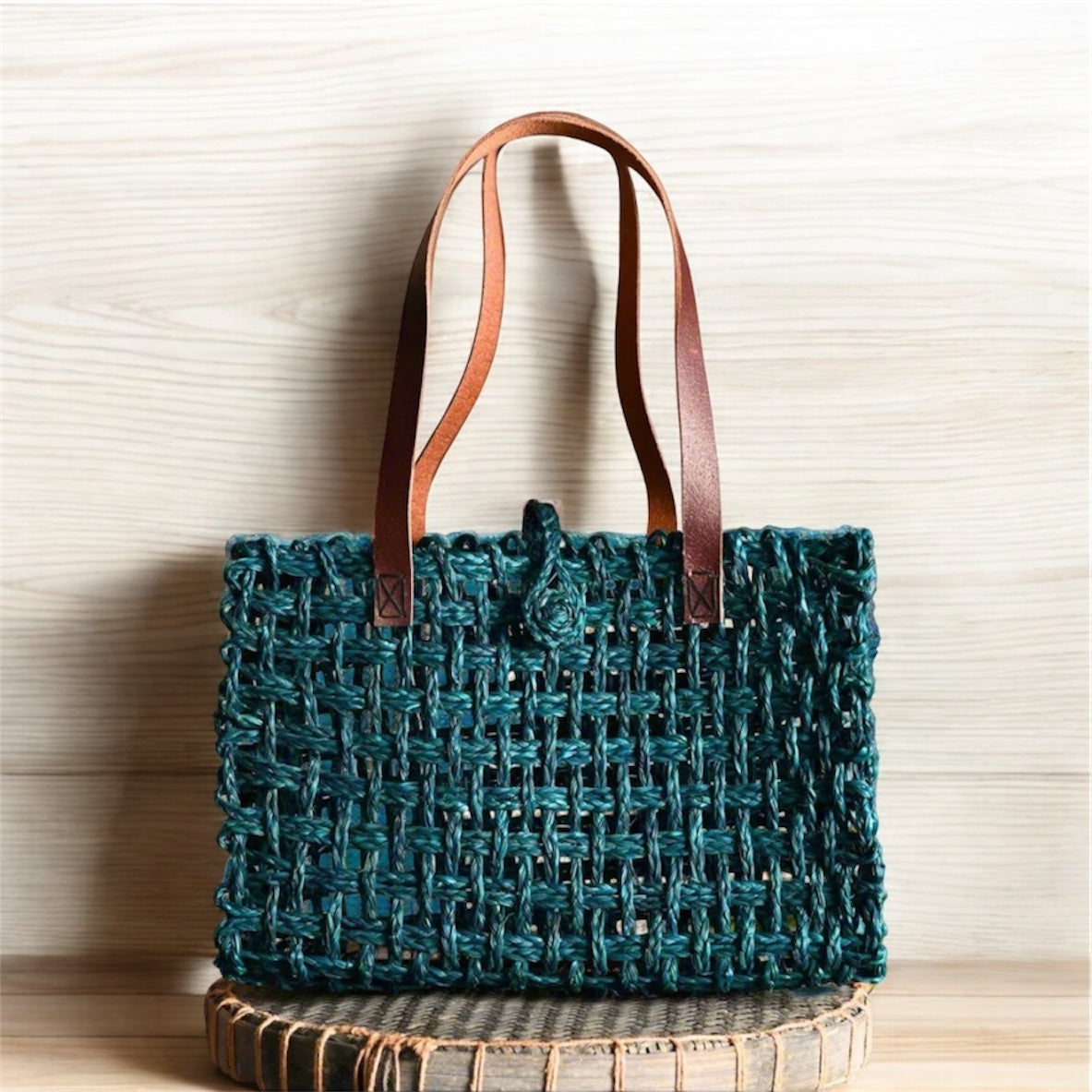 Deep Teal Blue summer tote bag – handcrafted, handwoven ecofriendly mesh shoulder bag by Vaarsa London