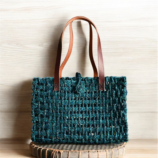 Deep Teal Blue summer tote bag – handcrafted, handwoven ecofriendly mesh shoulder bag by Vaarsa London