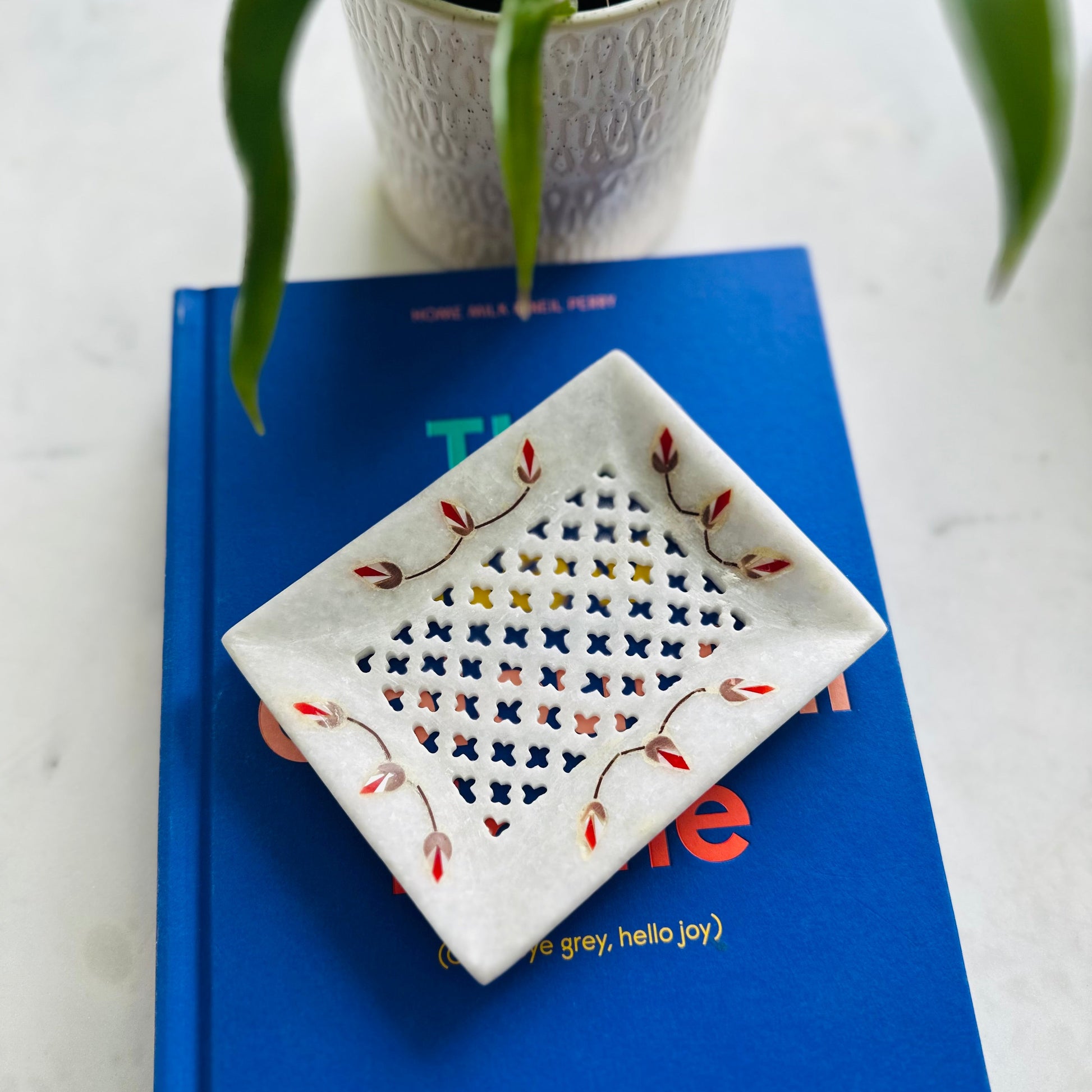 Decorative white dish with floral patterns on a blue book with a plant in the background