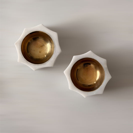 Makrana Marble Diyas with Brass Katori — Set of 2