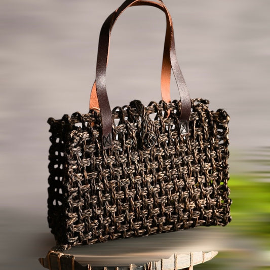 Black summer tote bag – handcrafted, handwoven ecofriendly mesh shoulder bag by Vaarsa London