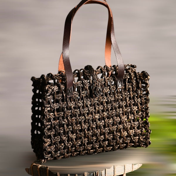 Black summer tote bag – handcrafted, handwoven ecofriendly mesh shoulder bag by Vaarsa London