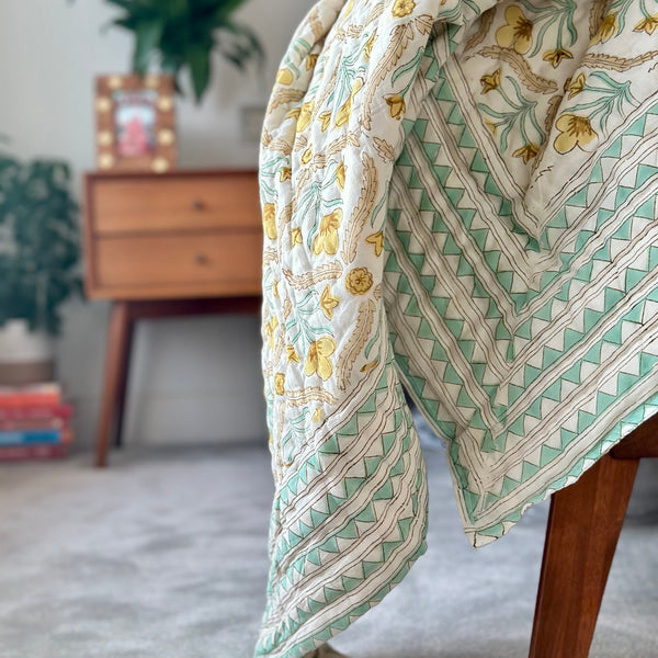 Kusuma Reversible Quilt in Green Paisley