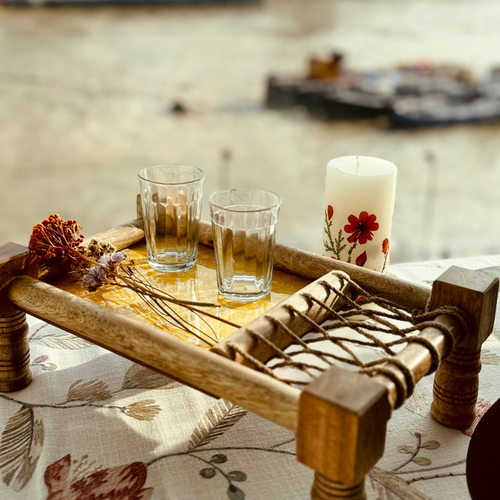 Charpai serving tray, handcrafted miniature Indian daybed tray by Vaarsa London