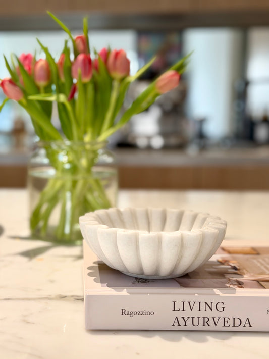 Hand-Carved Makrana Marble Ruffled Urli