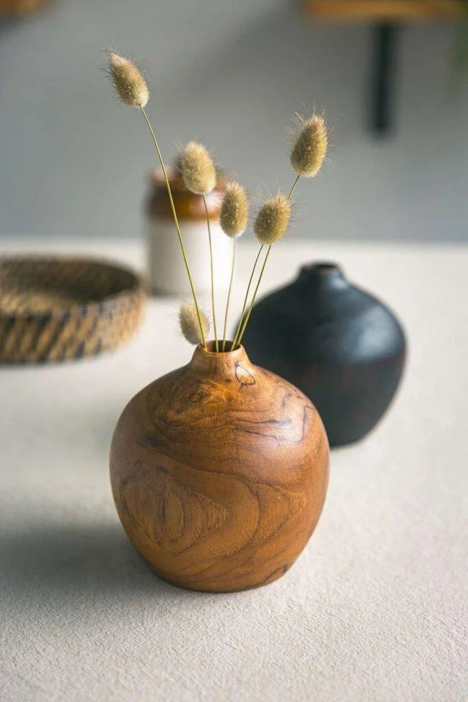 Solid teak wood round vase