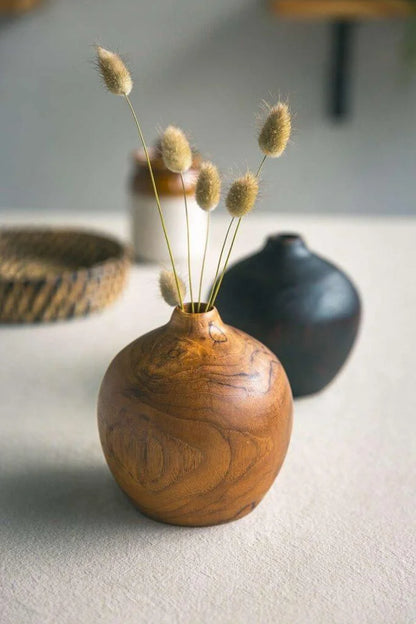 Solid teak wood round vase